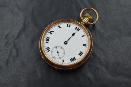A 9ct rose gold top wound pocket watch having a Roman numeral dial with subsidiary seconds on a