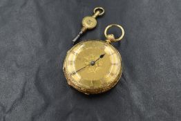 An 18ct gold open face pocket watch, the golden dial having floral decoration and Roman numerals