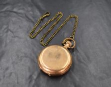 A gold plated top wound hunter pocket watch by Waltham, movement no: 18420640 having a Roman numeral