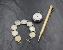 A small Continental silver top wound pocket watch having a Roman numeral dial to a decorative enamel