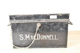 An early 20th century black metal deed box, inscribed reading 'S.MAC,DONNELL', h20cm, sold