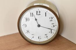 A early 20th century brass cylindrical table clock mechanish, marked to back 'France', w9.5cm