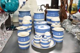 A set of blue and white T.G.Green & Co Cornish kitchen ware, to include sugar and flour shaker