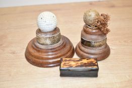 A vintage Gold ball trophy paperweight on wooden base, engraved 'Presented to V. Smith by Kendal