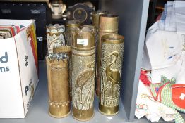 A group of nine Continental World War I brass Trench Art shell cases, mainly French 75DEC, each with