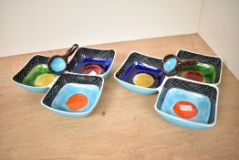 An attractive pair of vintage ceramic sectioned dishes / crudities, hand painted in Italy by