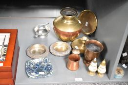 A brass and copper vessel of baluster form, h20cm, sold together with a pair of mother-of-pearl