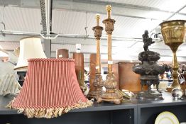 A pair of continental pricket alter table lamps with red shades, h57cm