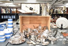 A silver plated part dinner service, to include tea pot, candlesticks, spoons, gravy jugs (33)