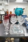 A set of 6 Val St. Lambert cranberry wine glasses, signed to base, h18cm, sold together with a set
