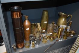 A pair of early 20th century brass trench art shells, h31cm, sold together with a brass vase,