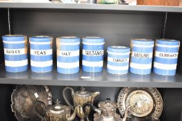 A set of 7 T.G.Green blue and white Cornish kitchen jars with covers, to include Barley, Tapioca and