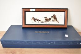 A Moorcroft pottery framed tile designed by Kerry Goodwin, decorated with brown sparrows on a