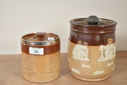 A Royal Doulton Lambeth stoneware lidded tobacco jar, having silver rim with rubbed hallmarks and