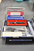 A pair of chrome ball point Parker pens with case, sold together with various other pens, (6)