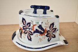 An attractive Victorian pottery Cheese dish decorated in the Imari pattern, in the form of a horse