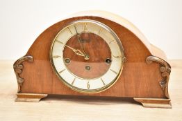 A mid-century Hermle (Germany) polished teak mantel clock having Westminister chime, L34.5cm