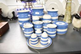 A set of blue and white T.G.Green & Co Cornish kitchen ware, to include sugar and flour shaker