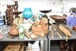 A metal household weighing scale, h31cm, sold together with a ceramic jelly mould, curling irons,