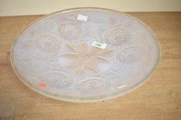 A large French Lalique style opalescent glass bowl in the Art Deco style having moulded foliage
