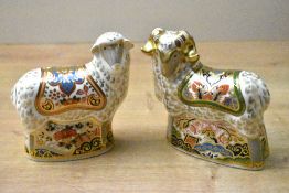 Two Royal Crown Derby exclusive bone china paperweights comprising, Imari Ram and Imari Ewe both