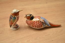 Two Royal Crown Derby bone china paperweights, comprising Hummingbird and Pheasant both having Imari