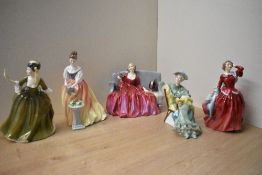 Five Royal Doulton bone china figurines comprising 'Alexandra' HN 3286 having gold signature to