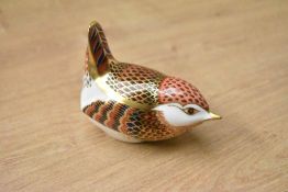 A Royal Crown Derby bone china Wren paperweight, having Imari style decoration and silver coloured