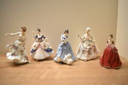 A group of five Royal Doulton bone china figurines comprising 'Diana' HN 2468, 'Hazel' HN 3167, '