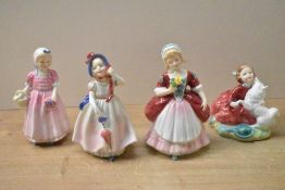 Four Royal Doulton bone china figurines comprising 'Valerie' HN 2107, 'Tinkle Bell' HN 1677, 'Home