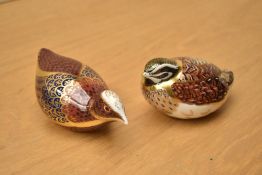 Two Royal Crown Derby bone china paperweights, Coot having a silver coloured stopper and a Quail