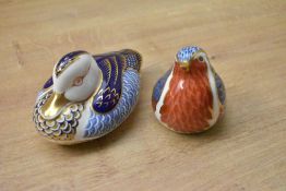 Two Royal Crown Derby bone china paperweights, Duck and Robin, both having Imari style decoration