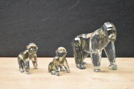 Three Swarovski Crystal SCS Collection 2009 'Endangered Wildlife' Gorillas in dark black/grey