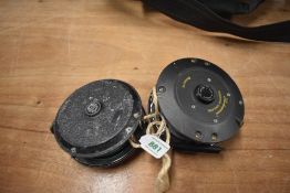 Two 4 & 1/4 inch Shakespeare salmon fly reels one Super Condex the other a Beaulite both well used