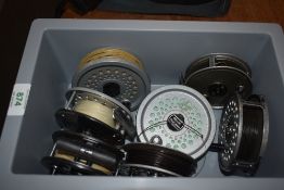 Four fly reels including youngs and Shakespeare and two Rimfly spare spools