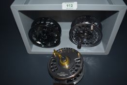 Three Alloy salmon fly reels approx 4 1/4 inch one marked rovex waterbourne #12