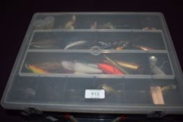 A double sided tackle box containing approx 80 lures mostly articulated abu garcia rapala etc