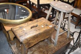 Two rustic stools including 'carry' stool