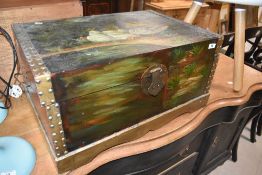 An Oriental style storage box having painted duck decoration , width approx. 62cm