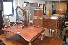 A small toilet mirror, Victorian style bed tray and a reproduction triptych mirror