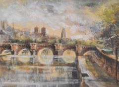 Artist unknown, 20th century mixed media, view of Paris, unsigned, within a card mount and slender