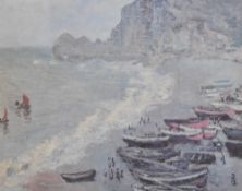 Claude Monet (French, 1840-1926) colour print depicting boats, cliffs and beach, within off white