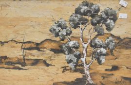 Artist unknown, bark painting, depicting two lone trees in a hilly landscape, signed indistinctly
