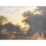 A 19th century English school oil on canvas, rural scene with figures, cattle and horse crossing a