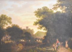 A 19th century English school oil on canvas, rural scene with figures, cattle and horse crossing a