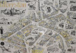 Local interest* A pictorial map of Ulverston, monochrome with some lightly coloured areas, printed