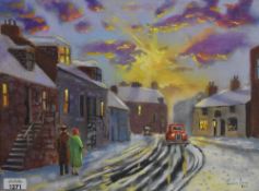 Gordon Bruce (British contemporary) oil on canvas, bygone winter street scene at sunset, signed