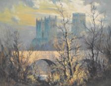 Robert Leslie Howey (British 1900-1981) oil on board, a view of Durham Cathedral from past