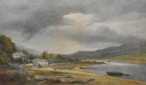 J Smith (19th century) English school watercolour, showing lake and landscape scene, signed and
