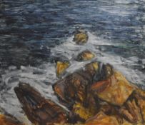 A mid-late 20th century oil on board, rocky coastal scene, unsigned, marked in ink John Higgins